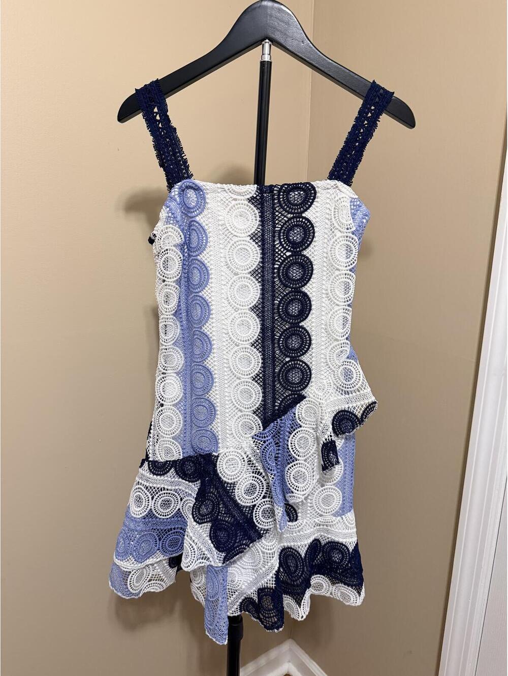 Latiste Crochet Lace Mini Dress Women’s S Blue White Tiered Boho Sundress
